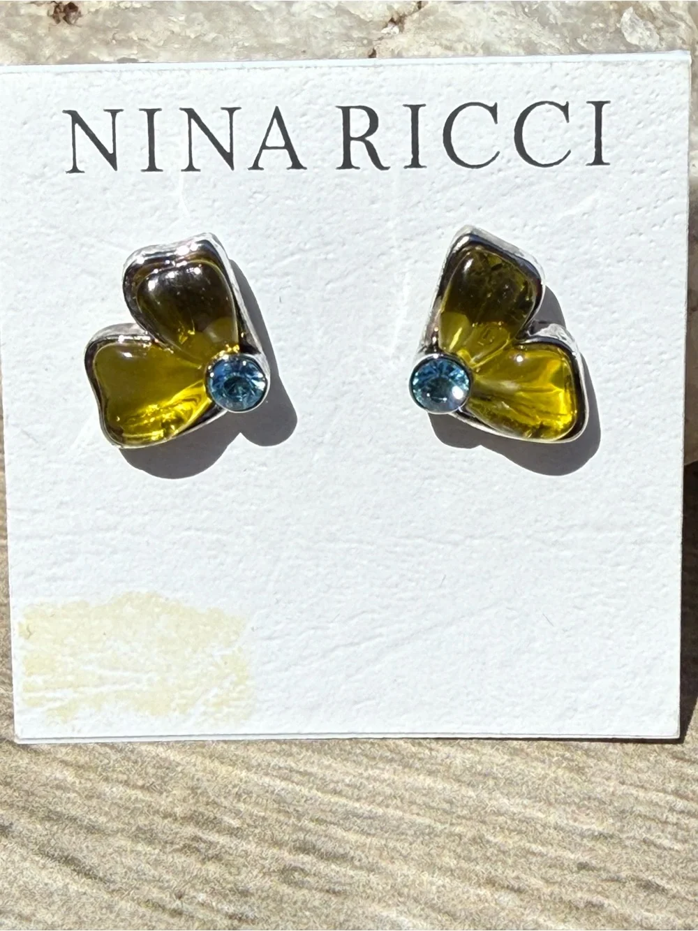 NWT vintage Nina Ricci butterfly Amber Blue Swarovski Stud earrings